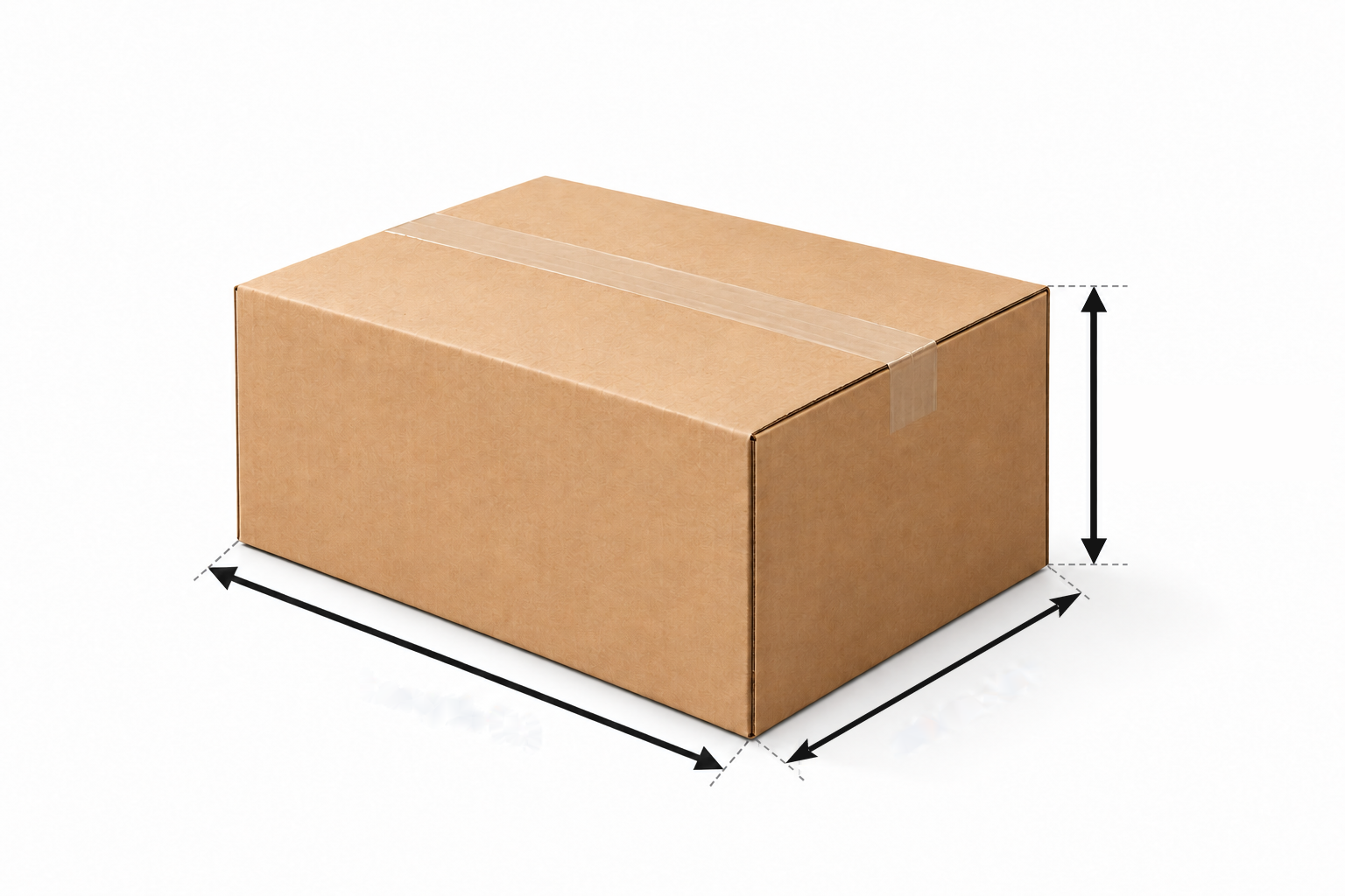 Cardboard box measurement guide diagram showing how to measure boxes with Length (L), Width (W), and Height (H) dimension arrows.